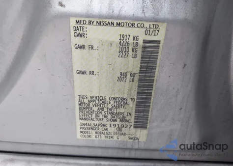 2017 Nissan Altima 2.5 S z USA, uszkodzony, nr VIN 1N4AL3AP9HC191927